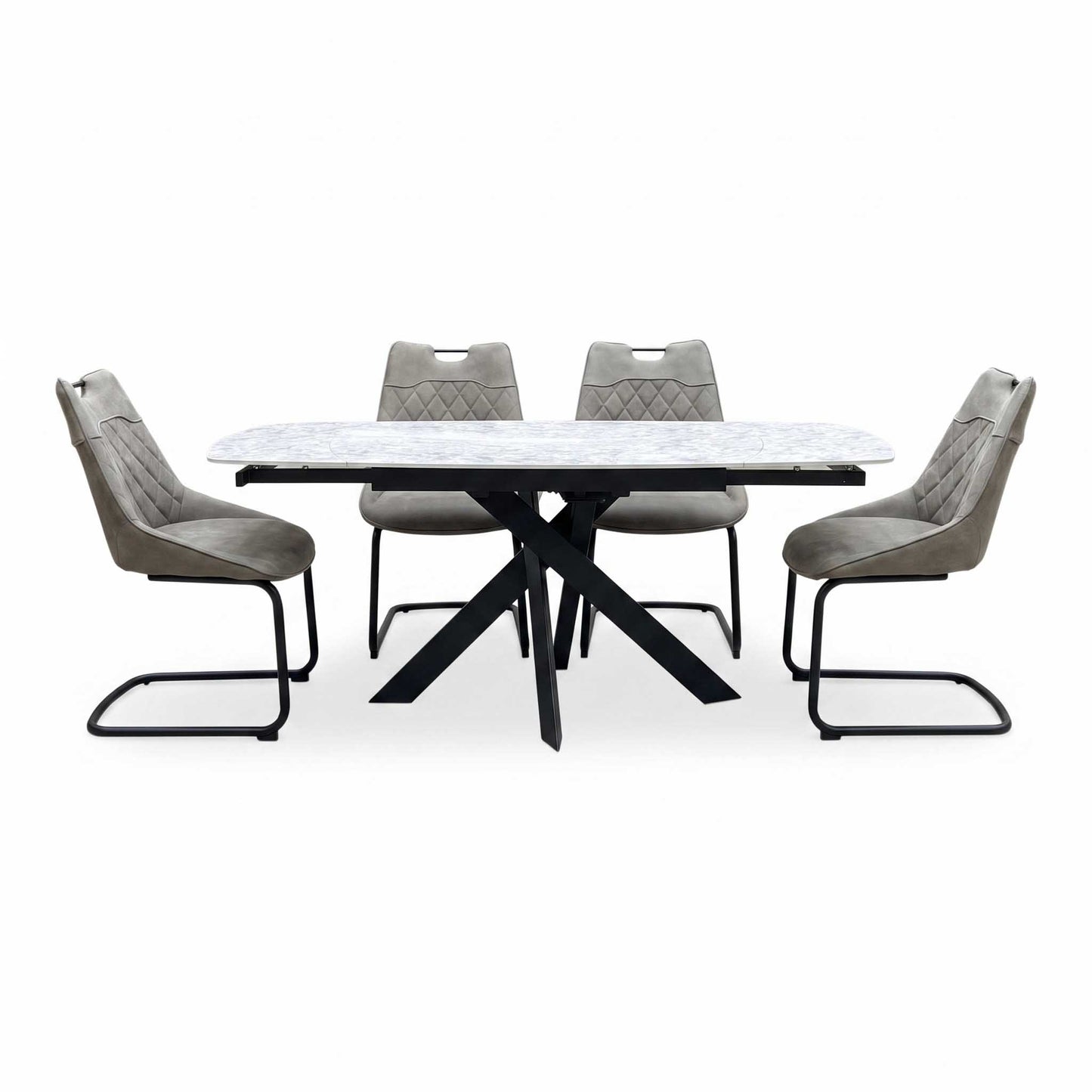 'Warrior' Crystal White Ceramic Top Swivel Extending Dining Table with Taupe Fabric Cantilever Dining Chairs - Set of 4 Furniture Village