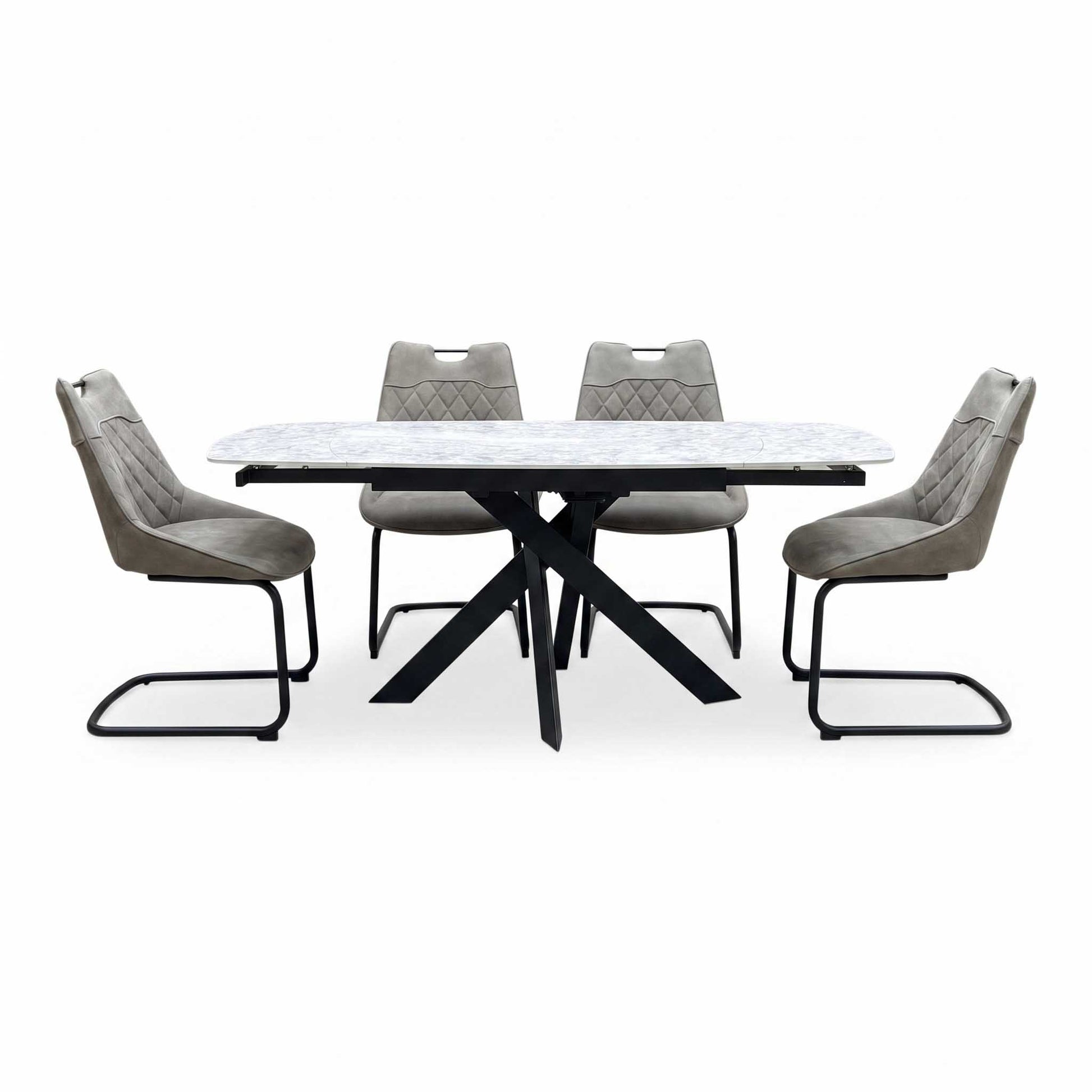 'Warrior' Crystal White Ceramic Top Swivel Extending Dining Table with Taupe Fabric Cantilever Dining Chairs - Set of 4 Furniture Village