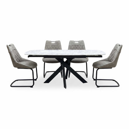 'Warrior' Crystal White Ceramic Top Swivel Extending Dining Table with Taupe Fabric Cantilever Dining Chairs - Set of 4 Furniture Village