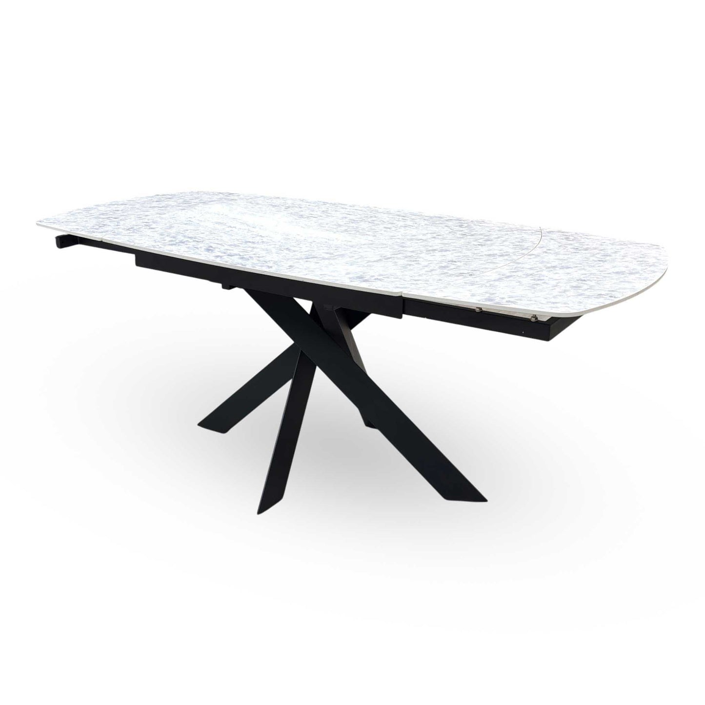 'Warrior' Crystal White Ceramic Top Swivel Extending Dining Table with Taupe Fabric Cantilever Dining Chairs - Set of 4 Furniture Village