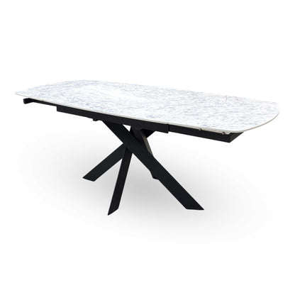 'Warrior' Crystal White Ceramic Top Swivel Extending Dining Table with Taupe Fabric Cantilever Dining Chairs - Set of 4 Furniture Village