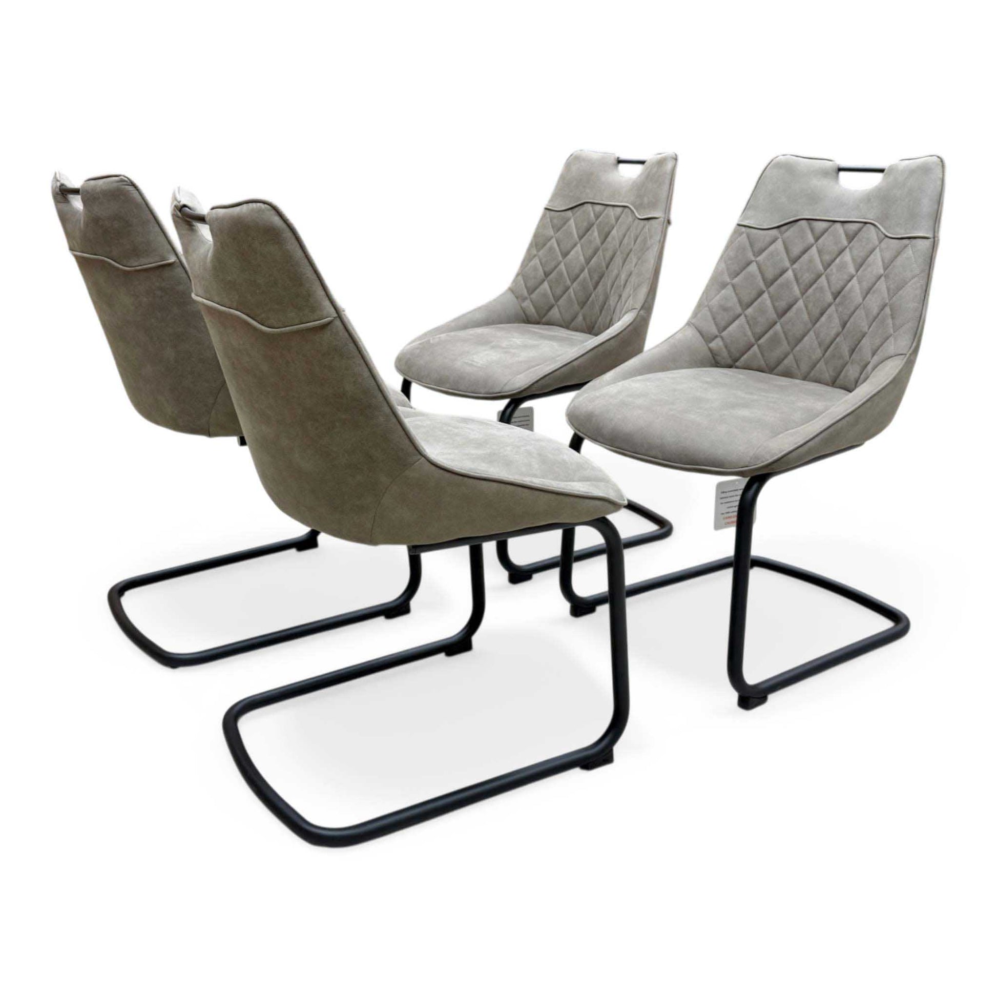 'Warrior' Crystal White Ceramic Top Swivel Extending Dining Table with Taupe Fabric Cantilever Dining Chairs - Set of 4 Furniture Village