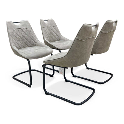 'Warrior' Crystal White Ceramic Top Swivel Extending Dining Table with Taupe Fabric Cantilever Dining Chairs - Set of 4 Furniture Village