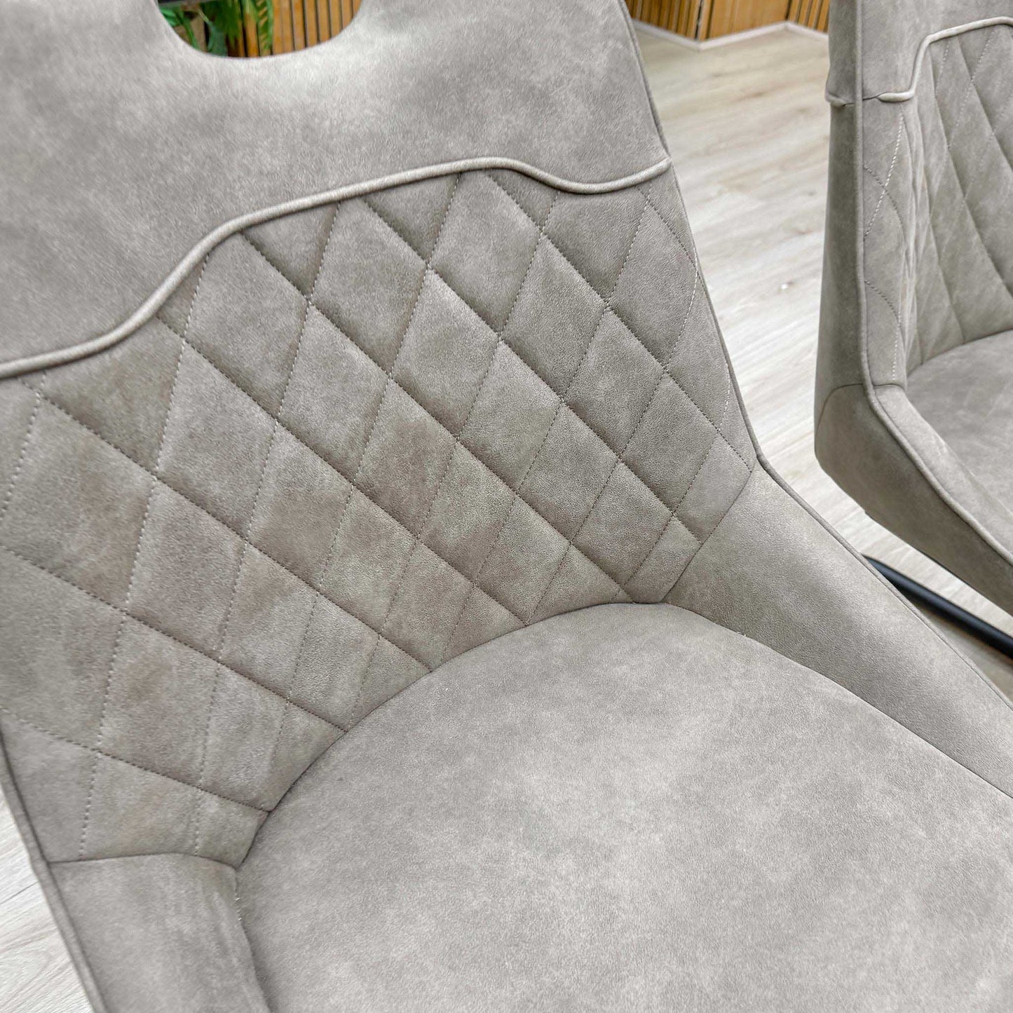 'Warrior' Crystal White Ceramic Top Swivel Extending Dining Table with Taupe Fabric Cantilever Dining Chairs - Set of 4 Furniture Village
