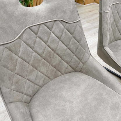 'Warrior' Crystal White Ceramic Top Swivel Extending Dining Table with Taupe Fabric Cantilever Dining Chairs - Set of 4 Furniture Village