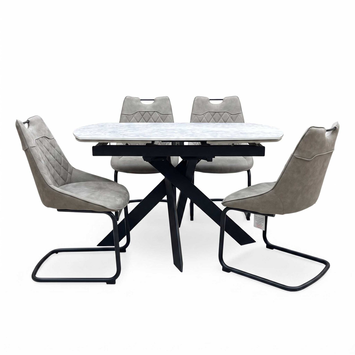'Warrior' Crystal White Ceramic Top Swivel Extending Dining Table with Taupe Fabric Cantilever Dining Chairs - Set of 4 Furniture Village