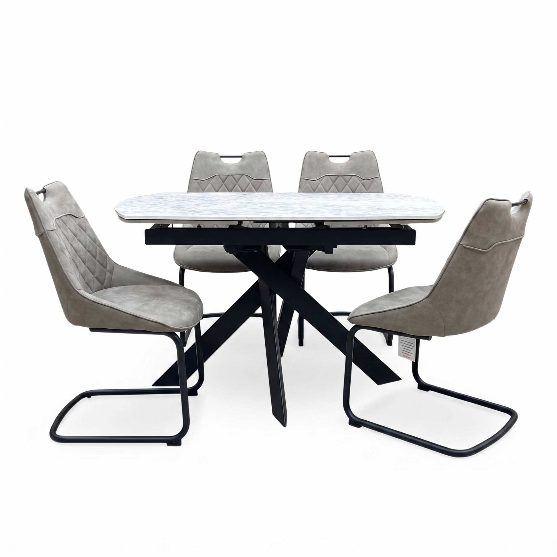 'Warrior' Crystal White Ceramic Top Swivel Extending Dining Table with Taupe Fabric Cantilever Dining Chairs - Set of 4 Furniture Village