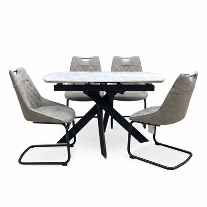 'Warrior' Crystal White Ceramic Top Swivel Extending Dining Table with Taupe Fabric Cantilever Dining Chairs - Set of 4 Furniture Village