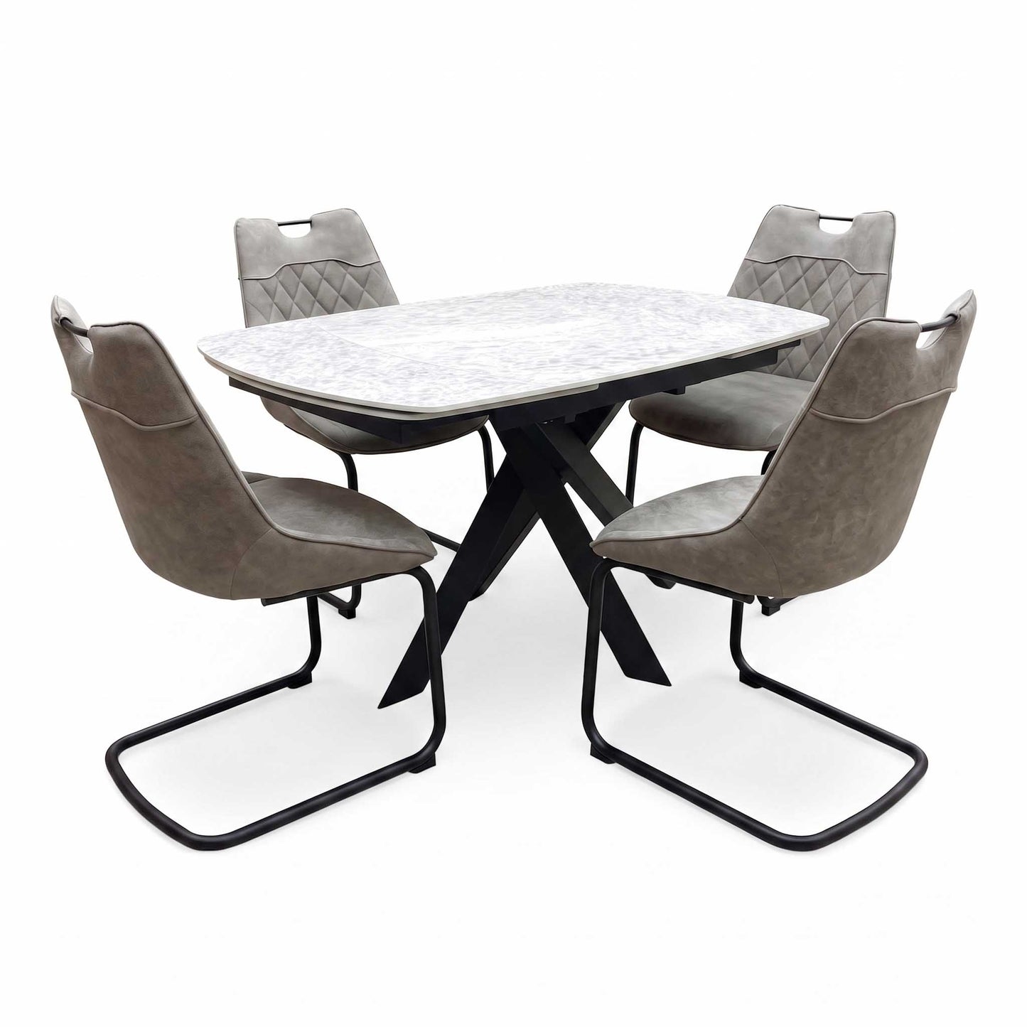 'Warrior' Crystal White Ceramic Top Swivel Extending Dining Table with Taupe Fabric Cantilever Dining Chairs - Set of 4 Furniture Village