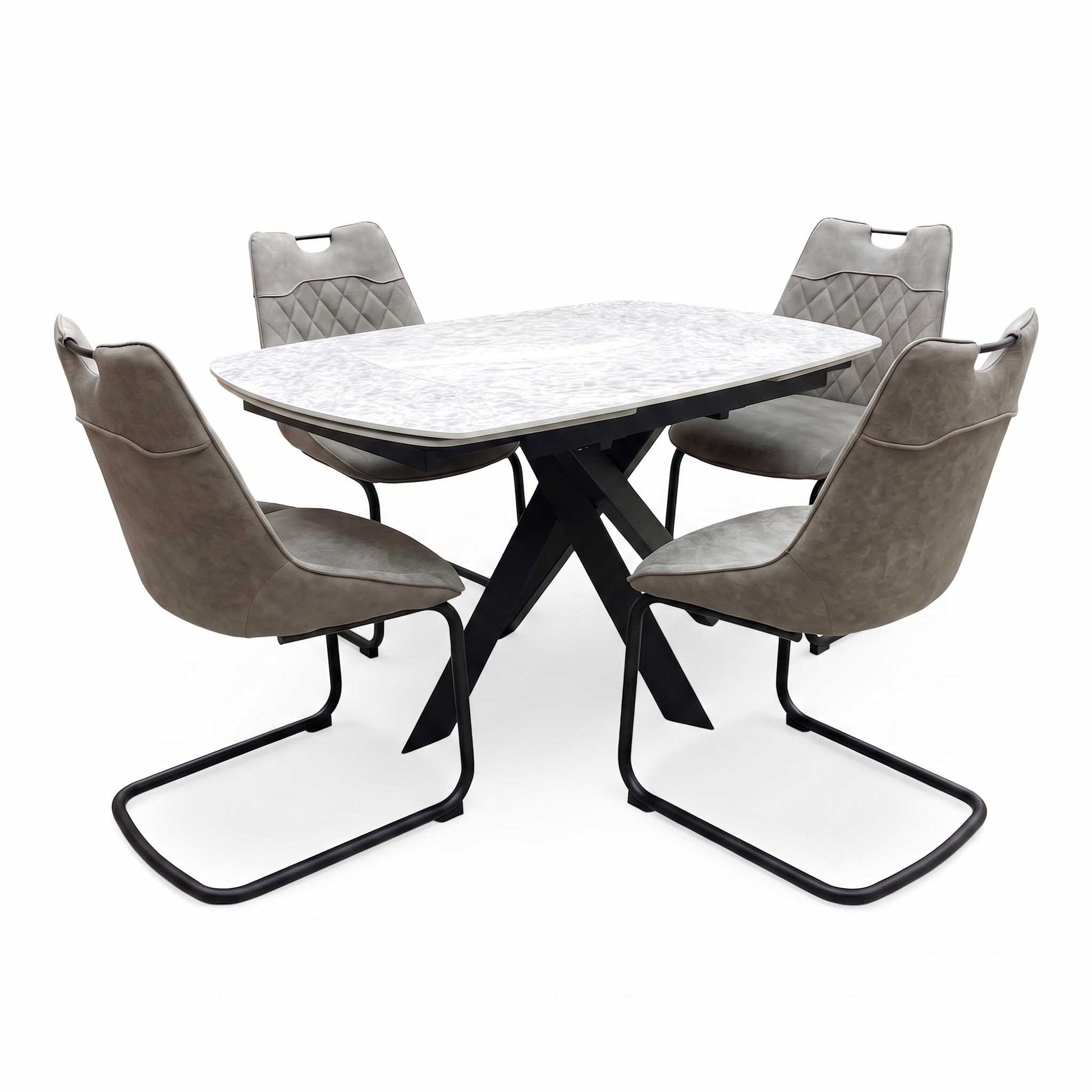 'Warrior' Crystal White Ceramic Top Swivel Extending Dining Table with Taupe Fabric Cantilever Dining Chairs - Set of 4 Furniture Village