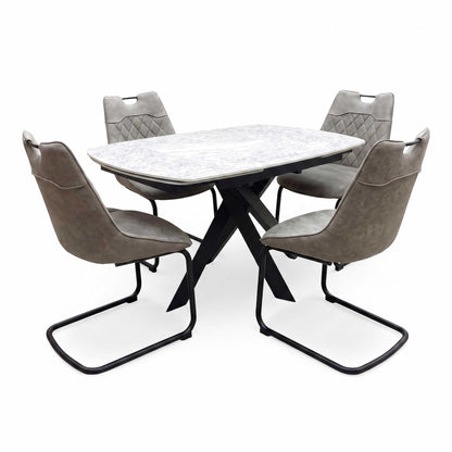 'Warrior' Crystal White Ceramic Top Swivel Extending Dining Table with Taupe Fabric Cantilever Dining Chairs - Set of 4 Furniture Village