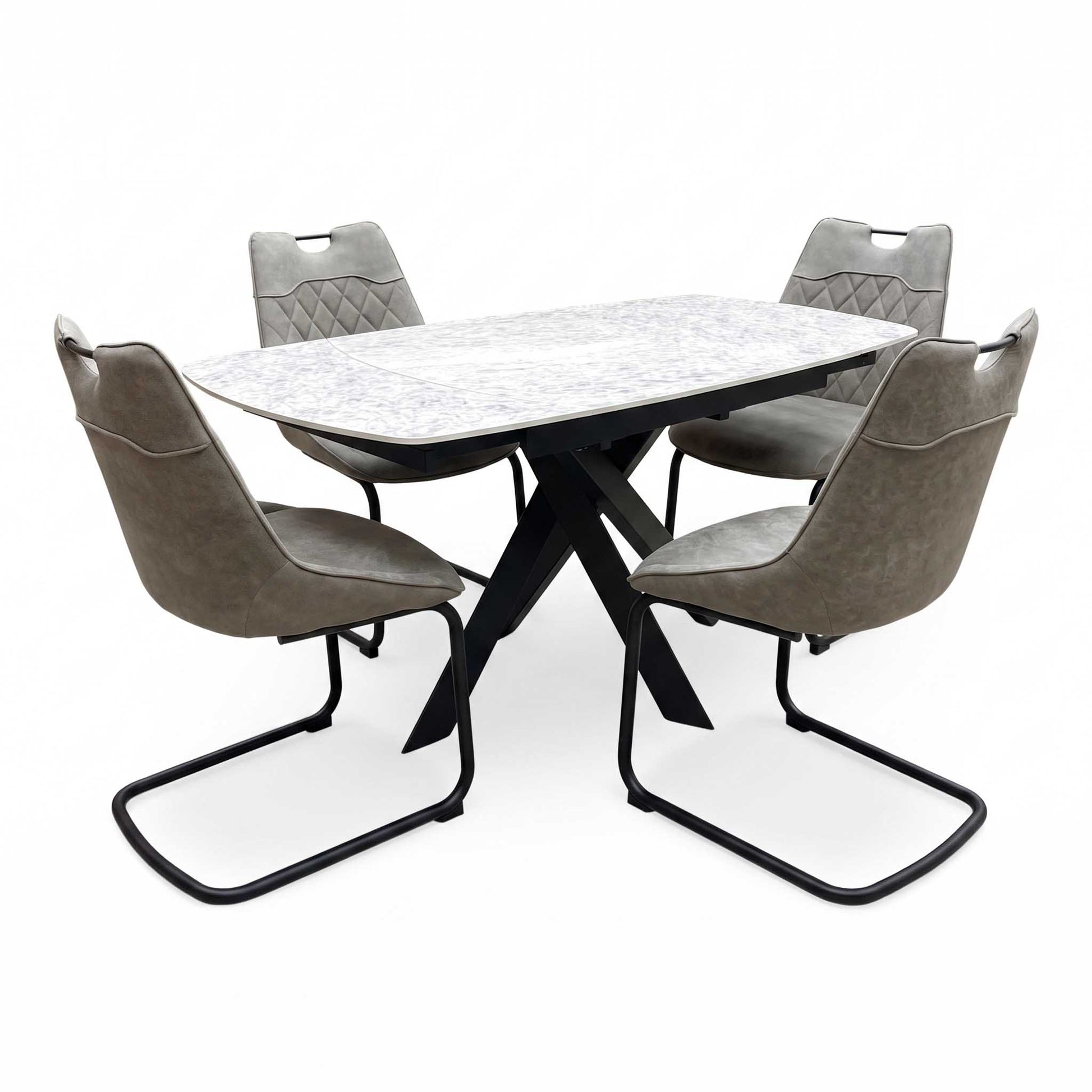'Warrior' Crystal White Ceramic Top Swivel Extending Dining Table with Taupe Fabric Cantilever Dining Chairs - Set of 4 Furniture Village