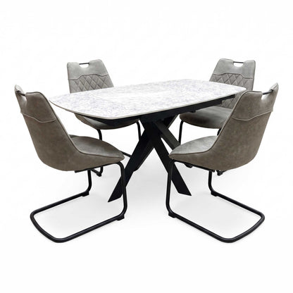 'Warrior' Crystal White Ceramic Top Swivel Extending Dining Table with Taupe Fabric Cantilever Dining Chairs - Set of 4 Furniture Village