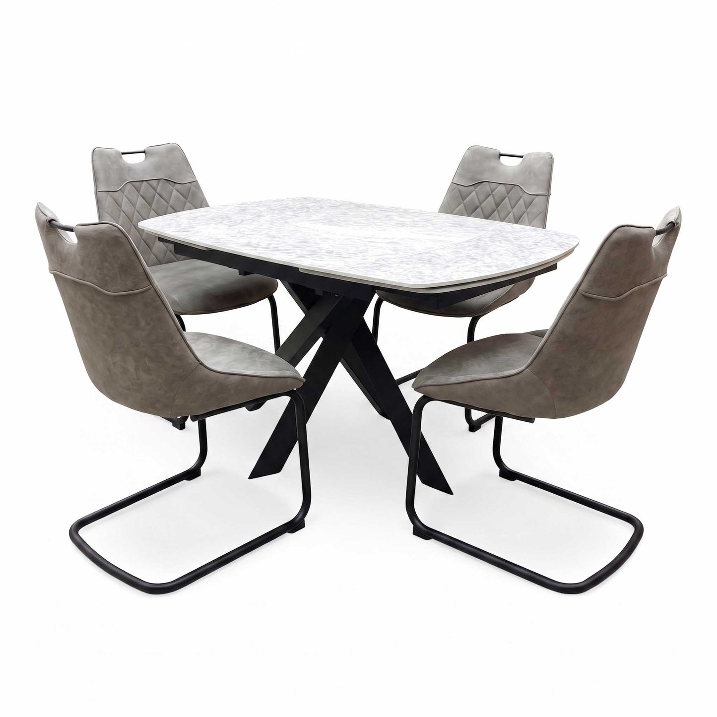 'Warrior' Crystal White Ceramic Top Swivel Extending Dining Table with Taupe Fabric Cantilever Dining Chairs - Set of 4 Furniture Village