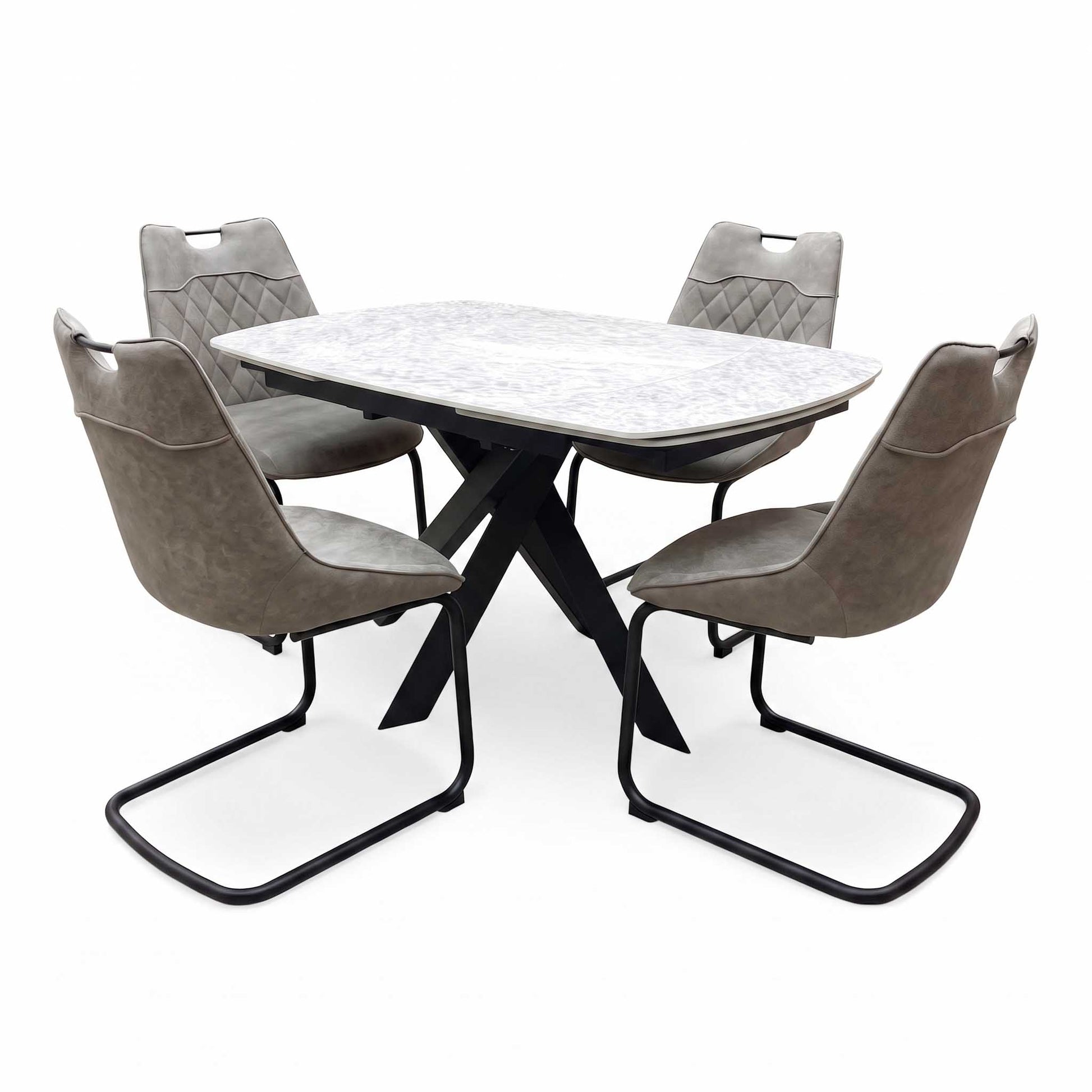 'Warrior' Crystal White Ceramic Top Swivel Extending Dining Table with Taupe Fabric Cantilever Dining Chairs - Set of 4 Furniture Village