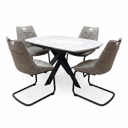 'Warrior' Crystal White Ceramic Top Swivel Extending Dining Table with Taupe Fabric Cantilever Dining Chairs - Set of 4 Furniture Village
