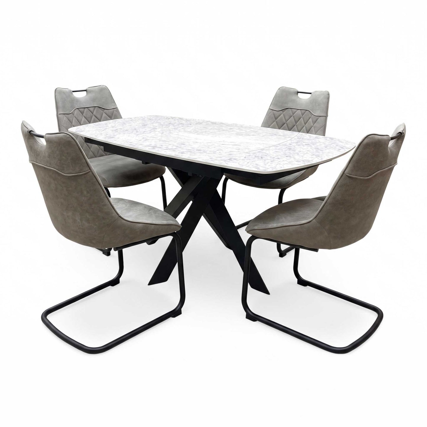 'Warrior' Crystal White Ceramic Top Swivel Extending Dining Table with Taupe Fabric Cantilever Dining Chairs - Set of 4 Furniture Village