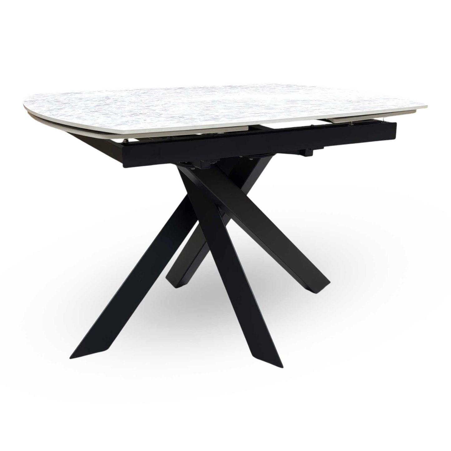 'Warrior' Crystal White Ceramic Top Swivel Extending Dining Table with Taupe Fabric Cantilever Dining Chairs - Set of 4 Furniture Village