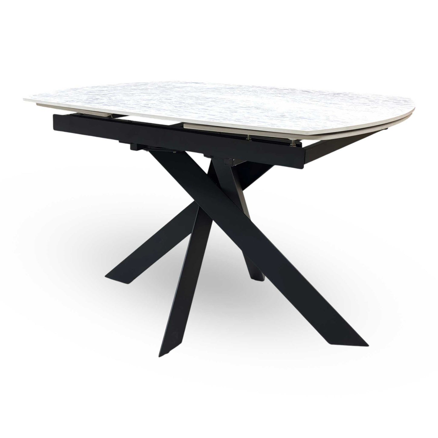 'Warrior' Crystal White Ceramic Top Swivel Extending Dining Table with Taupe Fabric Cantilever Dining Chairs - Set of 4 Furniture Village