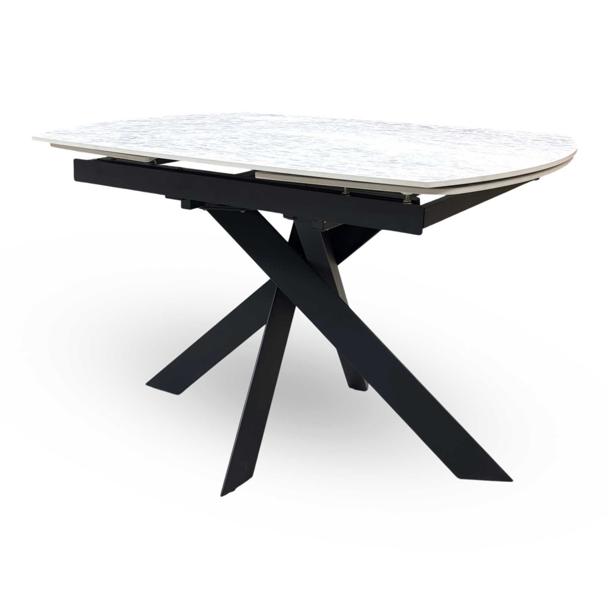 'Warrior' Crystal White Ceramic Top Swivel Extending Dining Table with Taupe Fabric Cantilever Dining Chairs - Set of 4 Furniture Village