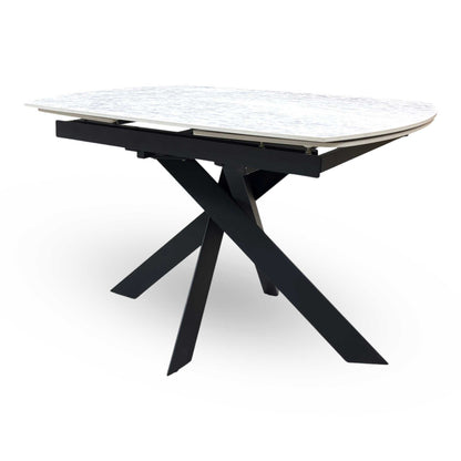 'Warrior' Crystal White Ceramic Top Swivel Extending Dining Table with Taupe Fabric Cantilever Dining Chairs - Set of 4 Furniture Village
