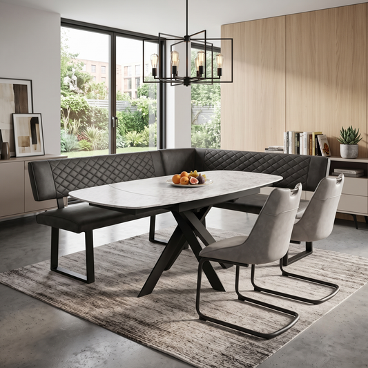 'Warrior' Crystal White Ceramic Top 120cm Swivel Extending Dining Table with Charcoal Grey Fabric Right Hand Facing – view 2