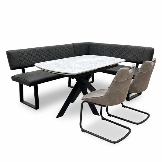 'Warrior' Crystal White Ceramic Top 120cm Swivel Extending Dining Table with Charcoal Grey Fabric Right Hand Facing Corner Bench & Taupe Fabric Cantilever Dining Chairs Set of 2