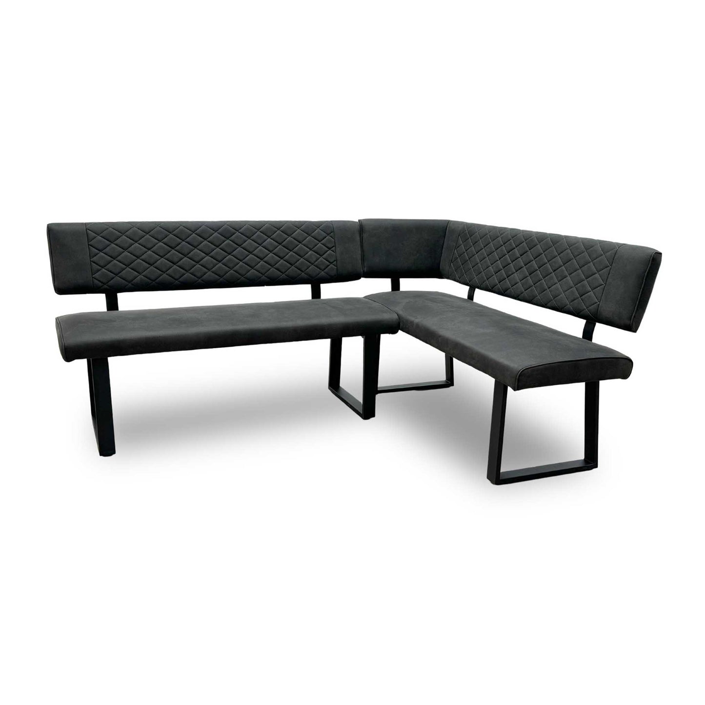'Warrior' Crystal White Ceramic Top 120cm Swivel Extending Dining Table with Charcoal Grey Fabric Right Hand Facing Corner Bench & Taupe Fabric Cantilever Dining Chairs Set of 2