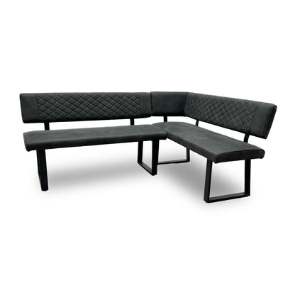 'Warrior' Crystal White Ceramic Top 120cm Swivel Extending Dining Table with Charcoal Grey Fabric Right Hand Facing Corner Bench & Taupe Fabric Cantilever Dining Chairs Set of 2