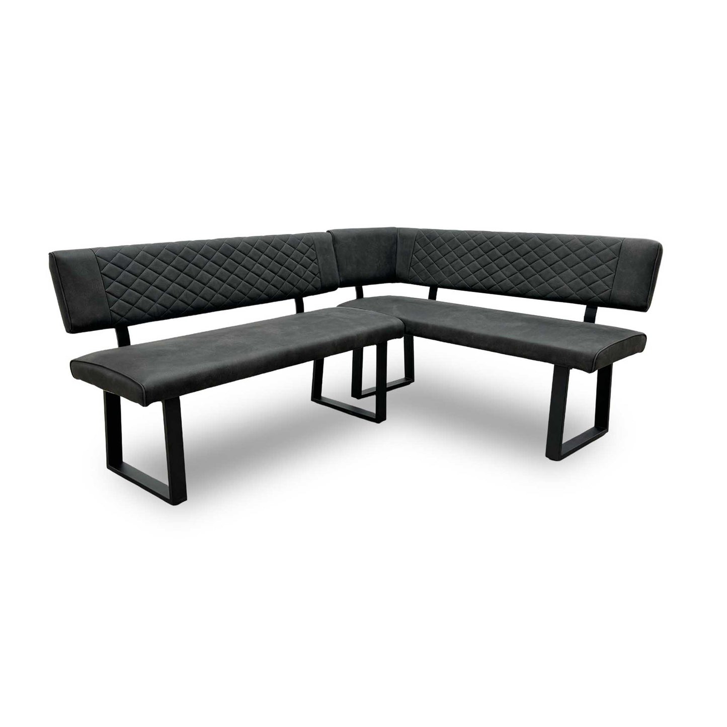 'Warrior' Crystal White Ceramic Top 120cm Swivel Extending Dining Table with Charcoal Grey Fabric Right Hand Facing Corner Bench & Taupe Fabric Cantilever Dining Chairs Set of 2