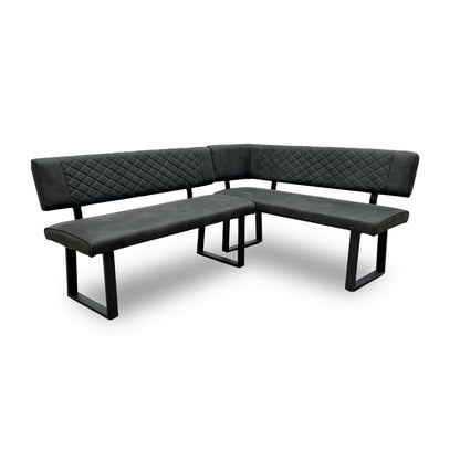 'Warrior' Crystal White Ceramic Top 120cm Swivel Extending Dining Table with Charcoal Grey Fabric Right Hand Facing Corner Bench & Taupe Fabric Cantilever Dining Chairs Set of 2