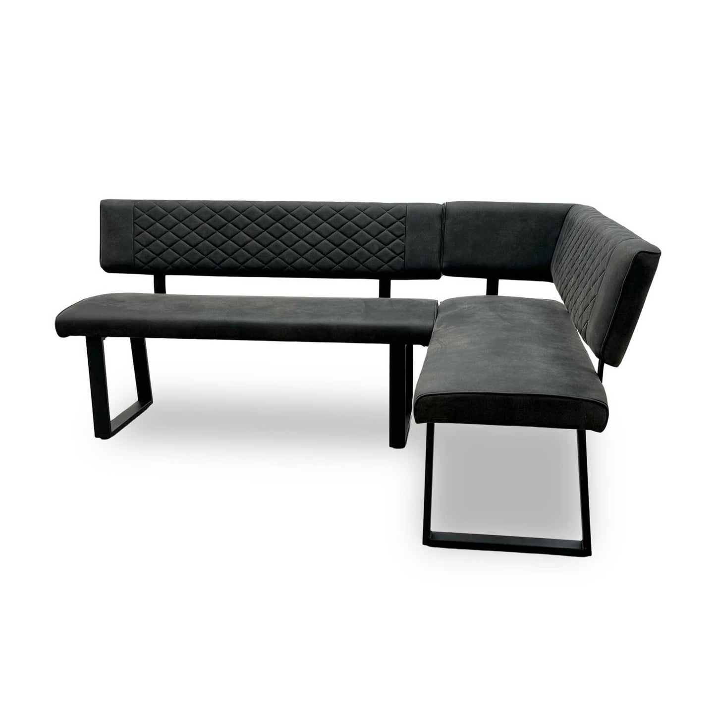 'Warrior' Crystal White Ceramic Top 120cm Swivel Extending Dining Table with Charcoal Grey Fabric Right Hand Facing Corner Bench & Taupe Fabric Cantilever Dining Chairs Set of 2