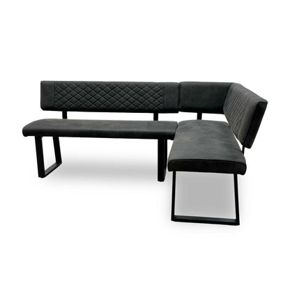 'Warrior' Crystal White Ceramic Top 120cm Swivel Extending Dining Table with Charcoal Grey Fabric Right Hand Facing Corner Bench & Taupe Fabric Cantilever Dining Chairs Set of 2