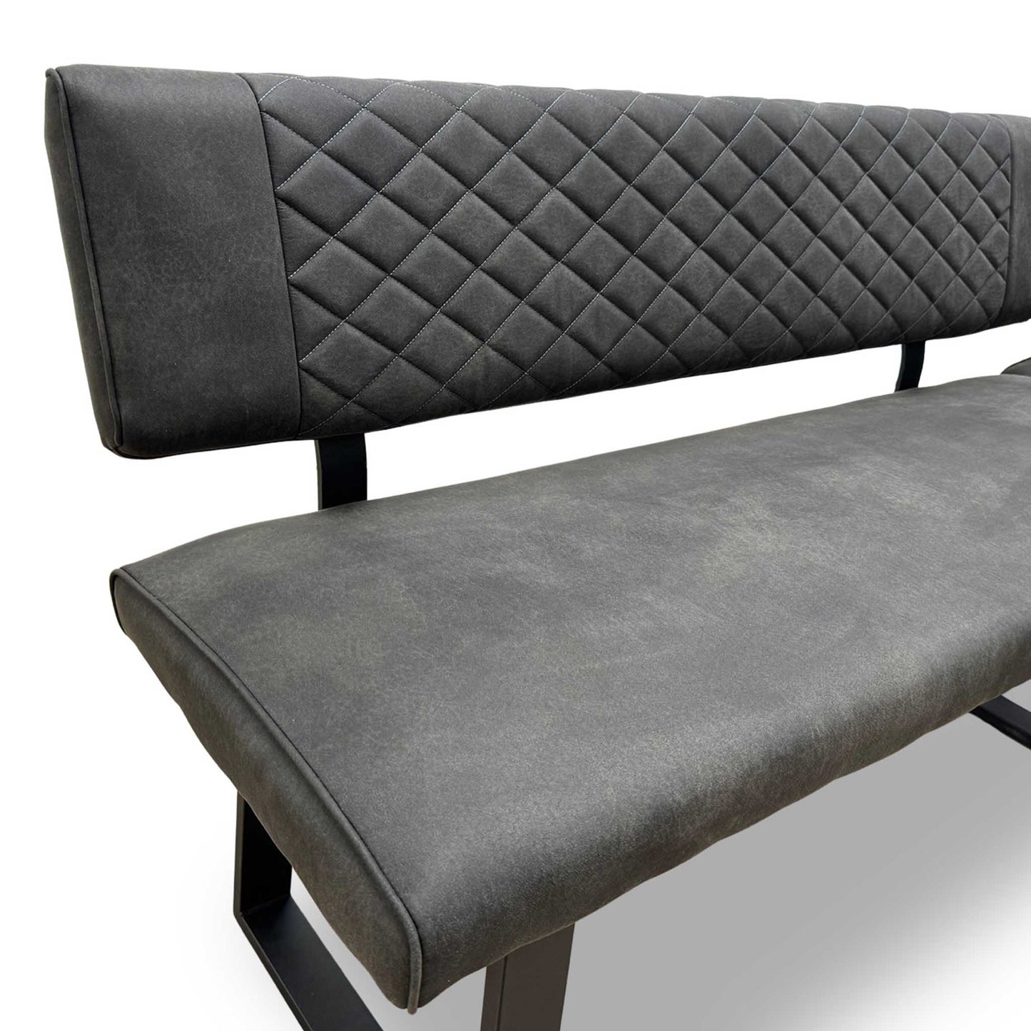 'Warrior' Crystal White Ceramic Top 120cm Swivel Extending Dining Table with Charcoal Grey Fabric Right Hand Facing Corner Bench & Taupe Fabric Cantilever Dining Chairs Set of 2