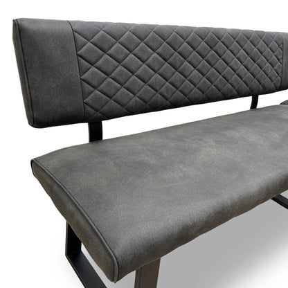 'Warrior' Crystal White Ceramic Top 120cm Swivel Extending Dining Table with Charcoal Grey Fabric Right Hand Facing Corner Bench & Taupe Fabric Cantilever Dining Chairs Set of 2