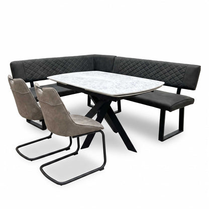 'Warrior' Crystal White Ceramic Top 120cm Swivel Extending Dining Table with Charcoal Grey Fabric Right Hand Facing Corner Bench & Taupe Fabric Cantilever Dining Chairs Set of 2