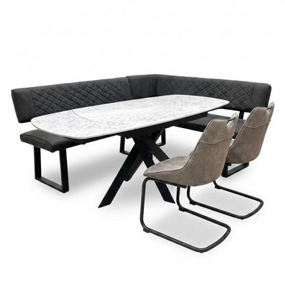 'Warrior' Crystal White Ceramic Top 120cm Swivel Extending Dining Table with Charcoal Grey Fabric Right Hand Facing Corner Bench & Taupe Fabric Cantilever Dining Chairs Set of 2