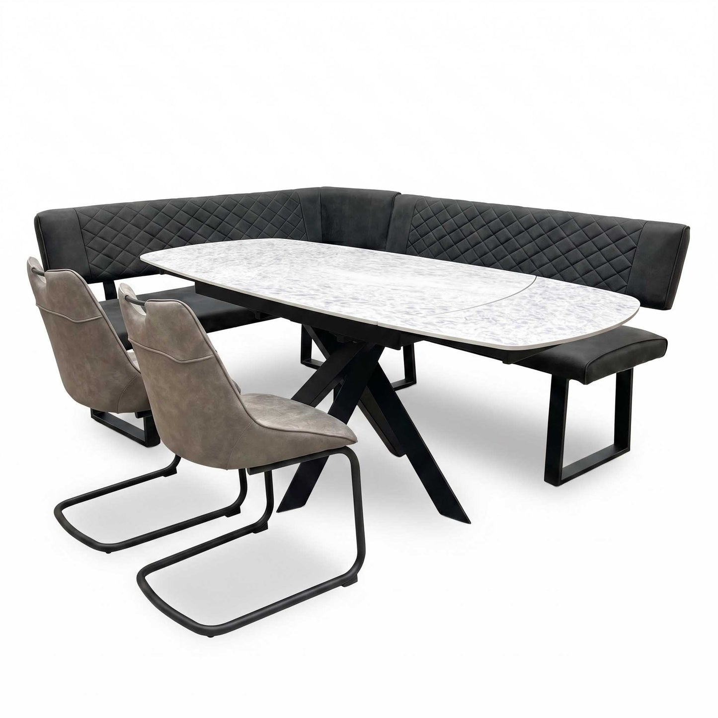 'Warrior' Crystal White Ceramic Top 120cm Swivel Extending Dining Table with Charcoal Grey Fabric Right Hand Facing Corner Bench & Taupe Fabric Cantilever Dining Chairs Set of 2