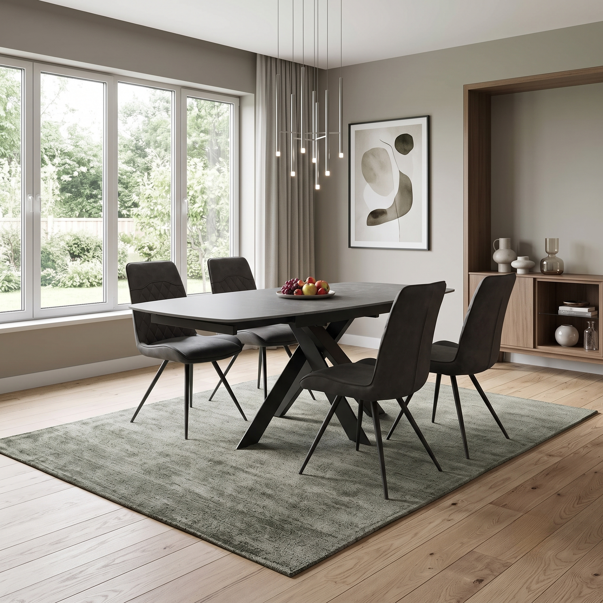 'Warrior' Grey Sintered Stone Swivel Extending Dining Table with Charcoal Grey Fabric Standard Dining Chairs - Set of 4 Furniture Village