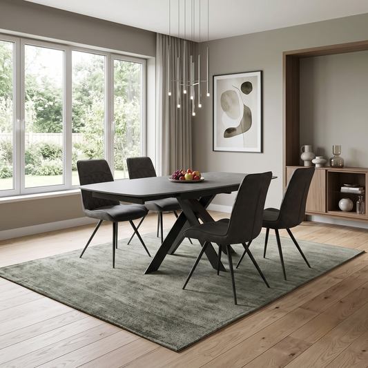 'Warrior' Grey Sintered Stone Swivel Extending Dining Table with Charcoal Grey Fabric Standard Dining Chairs - Set of 4 Furniture Village