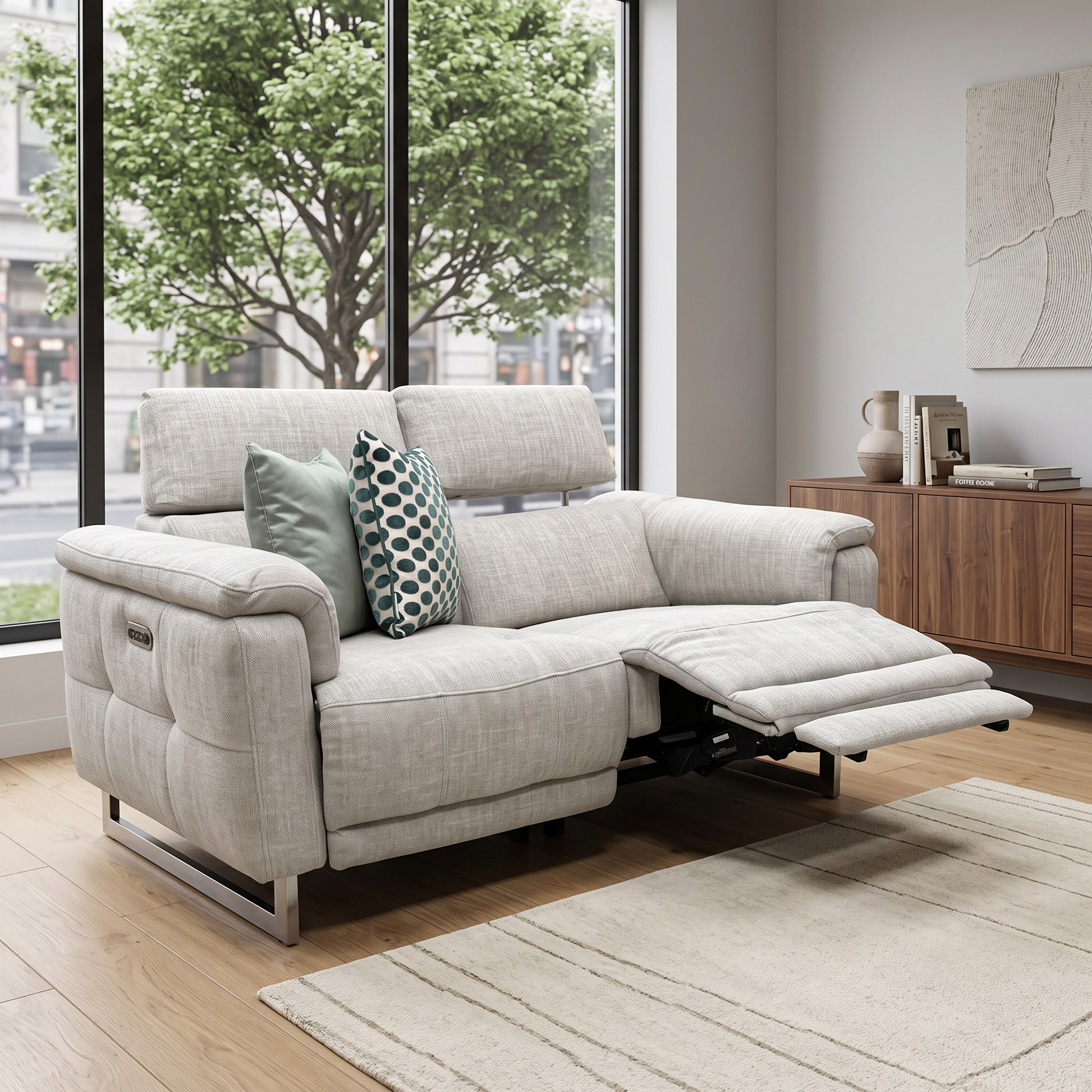 'Moet' Anivia Khaki Fabric 2 Seater Power Recliner Sofa with Telescopic Headrests Furniture Village