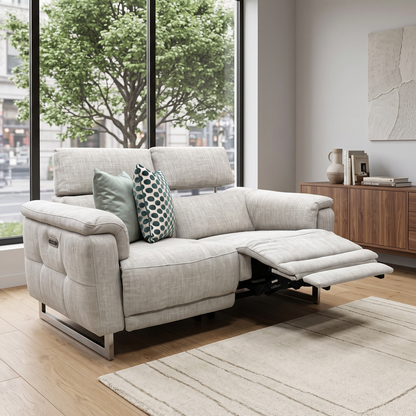 'Moet' Anivia Khaki Fabric 2 Seater Power Recliner Sofa with Telescopic Headrests Furniture Village