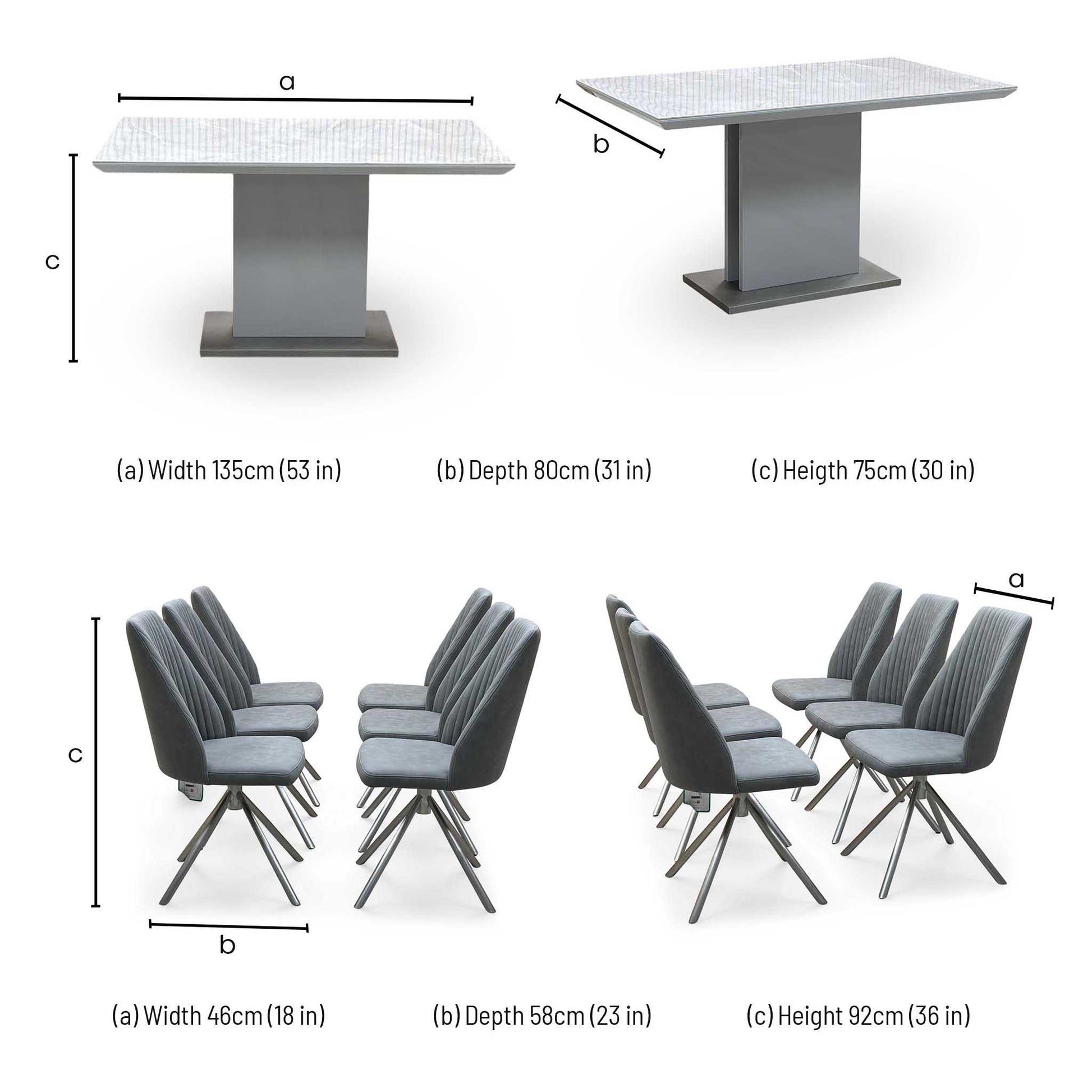 ‘Grigio' Ceramic Top Fixed Dining Table with Grey Fabric Swivel Dining Chairs - Set of 6 Furniture Village