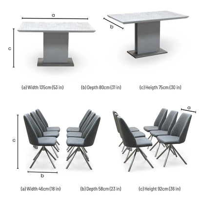 ‘Grigio' Ceramic Top Fixed Dining Table with Grey Fabric Swivel Dining Chairs - Set of 6 Furniture Village