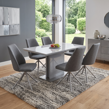 ‘Grigio' Ceramic Top Fixed Dining Table with Grey Fabric Swivel Dining Chairs - Set of 6 Furniture Village