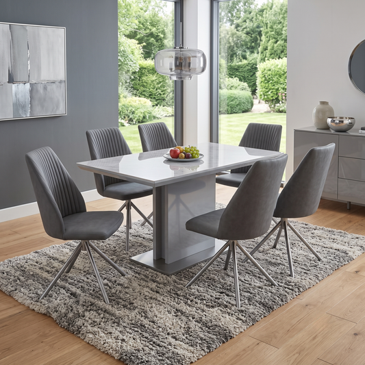 ‘Grigio' Ceramic Top Fixed Dining Table with Grey Fabric Swivel Dining Chairs - Set of 6 Furniture Village