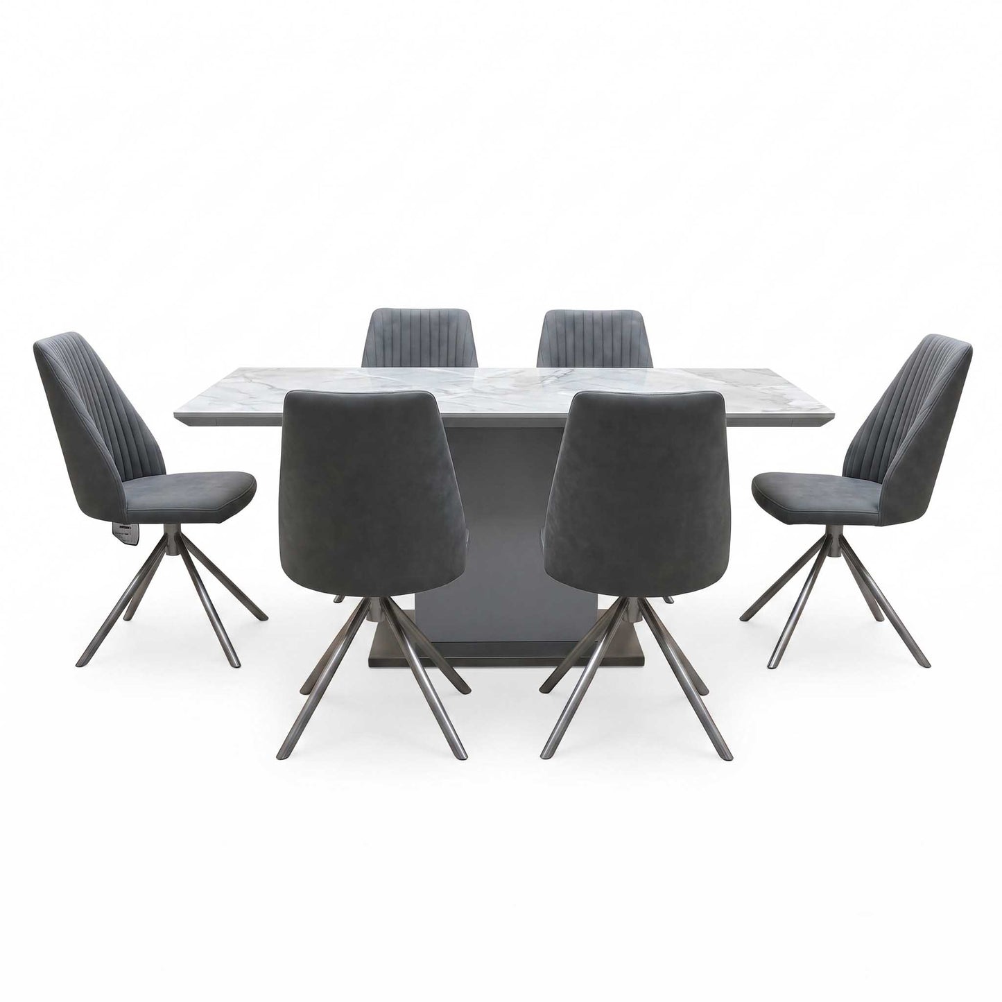 ‘Grigio' Ceramic Top Fixed Dining Table with Grey Fabric Swivel Dining Chairs - Set of 6 Furniture Village