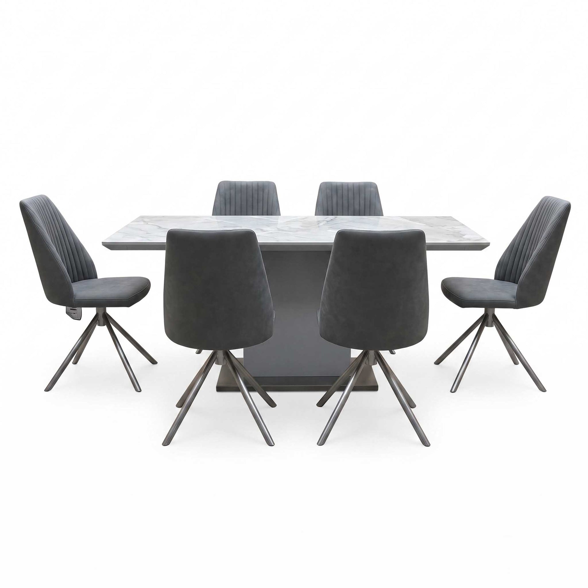 ‘Grigio' Ceramic Top Fixed Dining Table with Grey Fabric Swivel Dining Chairs - Set of 6 Furniture Village