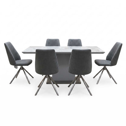 ‘Grigio' Ceramic Top Fixed Dining Table with Grey Fabric Swivel Dining Chairs - Set of 6 Furniture Village
