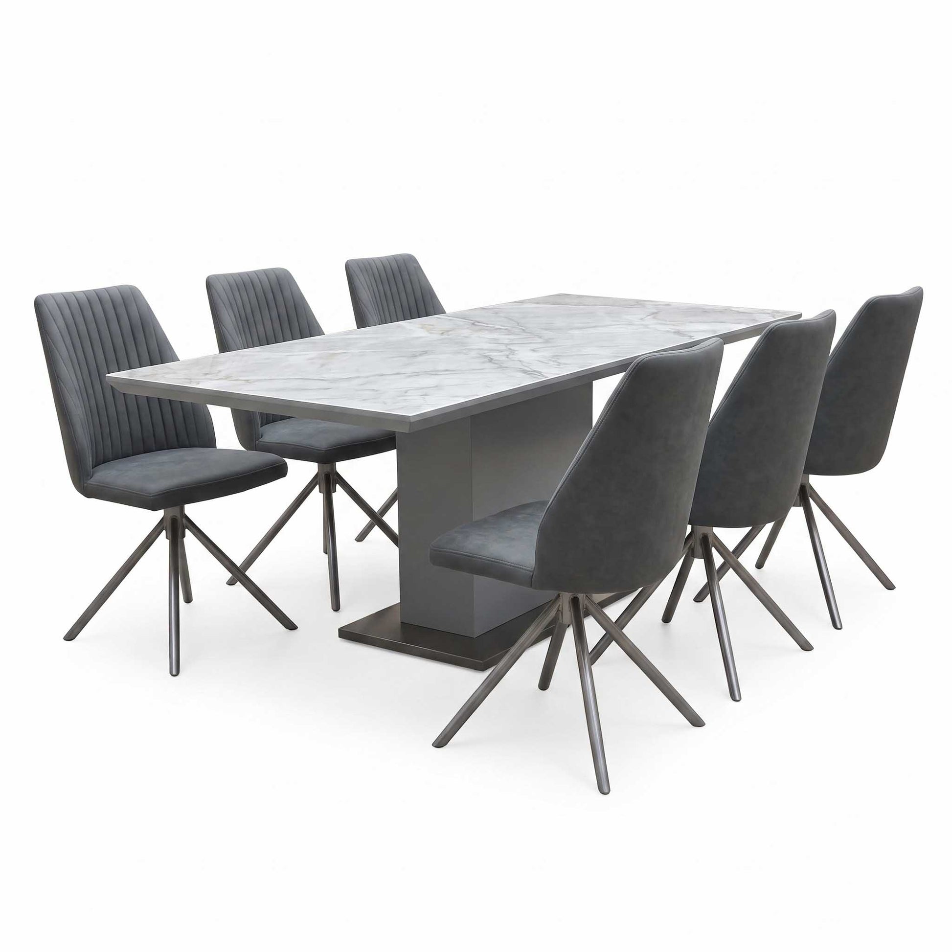 ‘Grigio' Ceramic Top Fixed Dining Table with Grey Fabric Swivel Dining Chairs - Set of 6 Furniture Village